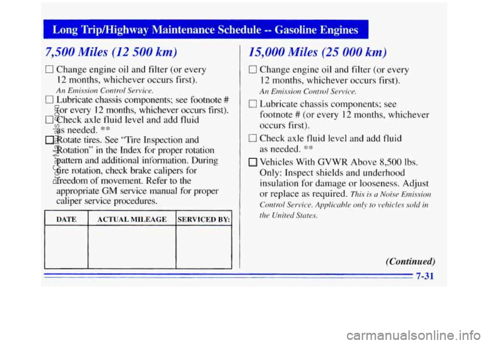 GMC SAVANA 1996 Owners Manual I
- mg Trip/Highway Maintenance Schedule -- Gasoline Engines
7,500 Miles (12 500 km)
0 Change engine oil and filter (or every
12 months, whichever occurs first).
An Elnission Con fro1 Serv GMC SAVANA 1996 Owners Manual I
- mg Trip/Highway Maintenance Schedule -- Gasoline Engines
7,500 Miles (12 500 km)
0 Change engine oil and filter (or every
12 months, whichever occurs first).
An Elnission Con fro1 Serv