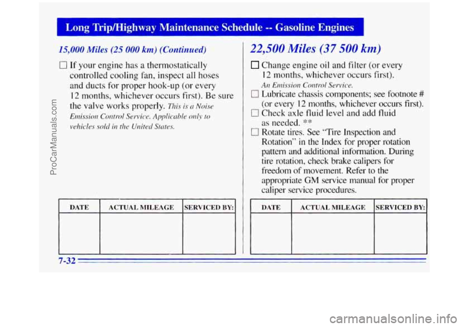 GMC SAVANA 1996 Owners Manual Long TripJHighway Maintenance Schedule -- Gasoline Engines
15,000 Miles (25 000 km) (Continued)
0 If your engine has a thermostatically
controlled cooling fan, inspect all hoses
and ducts GMC SAVANA 1996 Owners Manual Long TripJHighway Maintenance Schedule -- Gasoline Engines
15,000 Miles (25 000 km) (Continued)
0 If your engine has a thermostatically
controlled cooling fan, inspect all hoses
and ducts