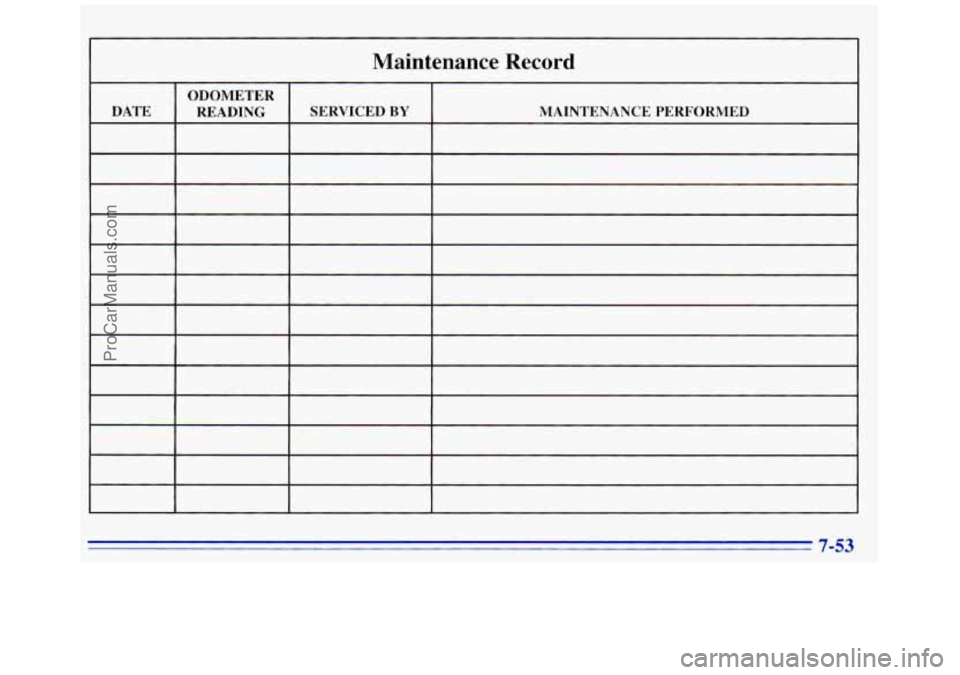 GMC SAVANA 1996 Owners Manual Maintenance Record
ODOMETER
DATE READING SERVICED
BY MAINTENANCE PERFORMED
I I I I I
ProCarManuals.com GMC SAVANA 1996 Owners Manual Maintenance Record
ODOMETER
DATE READING SERVICED
BY MAINTENANCE PERFORMED
I I I I I
ProCarManuals.com