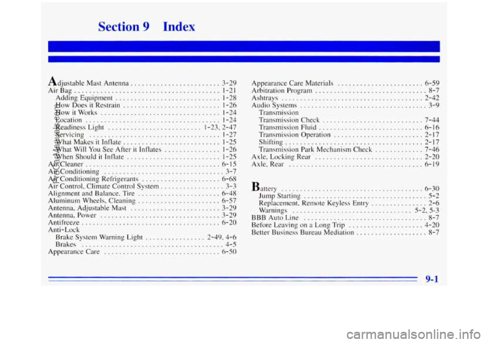 GMC SAVANA 1996  Owners Manual Section 9 Index 
Adjustable Mast  Antenna ........................ 3-29 
AirBag ....................................... 1-21 
Adding  Equipment ............................ 1-28 
How Does it Restrain 