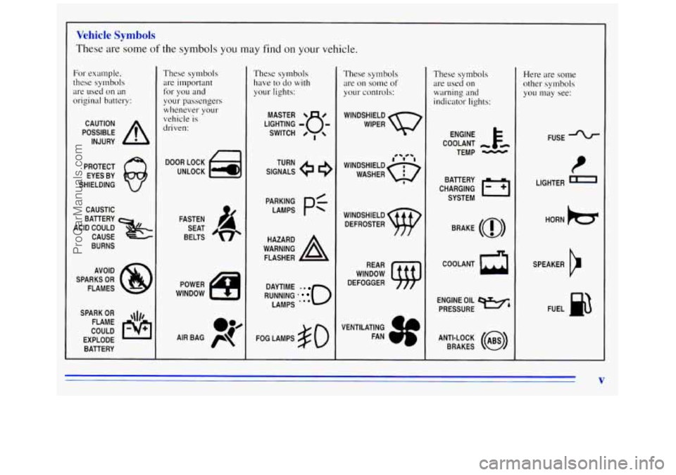 GMC SAVANA 1996  Owners Manual Vehicle Symbols 
These are some of the symbols you may find on your vehicle. 
For  example, 
these  symbols 
are 
used on an 
original battery: 
POSSIBLE A 
CAUTION 
INJURY 
PROTECT  EYES  BY 
SHIELDI