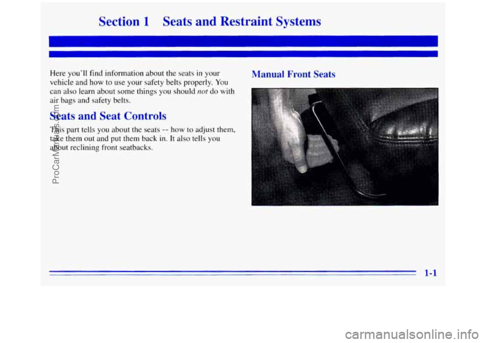 GMC SAVANA 1996  Owners Manual Section 1 Seats and  Restraint  Systems 
Here youll find information  about the seats in your 
vehicle  and how  to use your safety belts properly. 
You 
can  also  learn about some things  you shoul