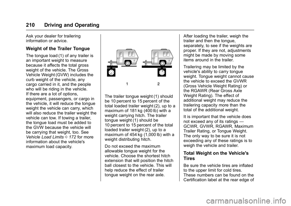 GMC SAVANA PASSENGER 2017  Owners Manual GMC Savana Owner Manual (GMNA-Localizing-U.S./Canada-9967828) -
2017 - crc - 5/6/16
210 Driving and Operating
Ask your dealer for trailering
information or advice.
Weight of the Trailer Tongue
The ton