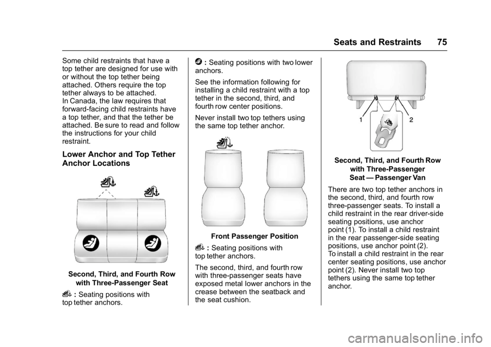 GMC SAVANA PASSENGER 2017 Manual PDF GMC Savana Owner Manual (GMNA-Localizing-U.S./Canada-9967828) -
2017 - crc - 5/2/16
Seats and Restraints 75
Some child restraints that have a
top tether are designed for use with
or without the top te GMC SAVANA PASSENGER 2017 Manual PDF GMC Savana Owner Manual (GMNA-Localizing-U.S./Canada-9967828) -
2017 - crc - 5/2/16
Seats and Restraints 75
Some child restraints that have a
top tether are designed for use with
or without the top te