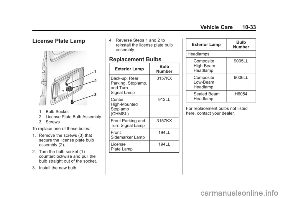 GMC SAVANA PASSENGER 2015 Owners Manual Black plate (33,1)GMC Savana Owner Manual (GMNA-Localizing-U.S./Canada-7707482) -
2015 - crc - 6/3/14
Vehicle Care 10-33
License Plate Lamp
1. Bulb Socket
2. License Plate Bulb Assembly
3. Screws
To r GMC SAVANA PASSENGER 2015 Owners Manual Black plate (33,1)GMC Savana Owner Manual (GMNA-Localizing-U.S./Canada-7707482) -
2015 - crc - 6/3/14
Vehicle Care 10-33
License Plate Lamp
1. Bulb Socket
2. License Plate Bulb Assembly
3. Screws
To r