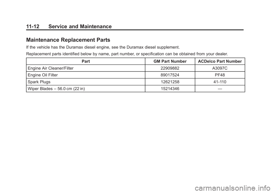 GMC SAVANA PASSENGER 2015 Owners Manual Black plate (12,1)GMC Savana Owner Manual (GMNA-Localizing-U.S./Canada-7707482) -
2015 - crc - 6/3/14
11-12 Service and Maintenance
Maintenance Replacement Parts
If the vehicle has the Duramax diesel GMC SAVANA PASSENGER 2015 Owners Manual Black plate (12,1)GMC Savana Owner Manual (GMNA-Localizing-U.S./Canada-7707482) -
2015 - crc - 6/3/14
11-12 Service and Maintenance
Maintenance Replacement Parts
If the vehicle has the Duramax diesel