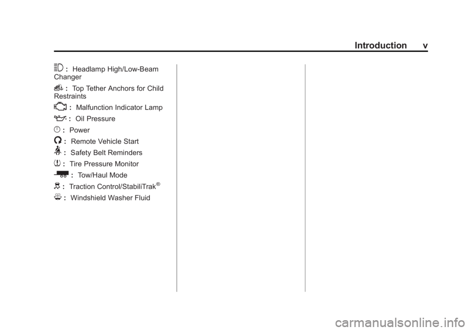 GMC SAVANA PASSENGER 2015 Owners Manual Black plate (5,1)GMC Savana Owner Manual (GMNA-Localizing-U.S./Canada-7707482) -
2015 - crc - 6/3/14
Introduction v
3:Headlamp High/Low-Beam
Changer
i: Top Tether Anchors for Child
Restraints
*: Malfu GMC SAVANA PASSENGER 2015 Owners Manual Black plate (5,1)GMC Savana Owner Manual (GMNA-Localizing-U.S./Canada-7707482) -
2015 - crc - 6/3/14
Introduction v
3:Headlamp High/Low-Beam
Changer
i: Top Tether Anchors for Child
Restraints
*: Malfu