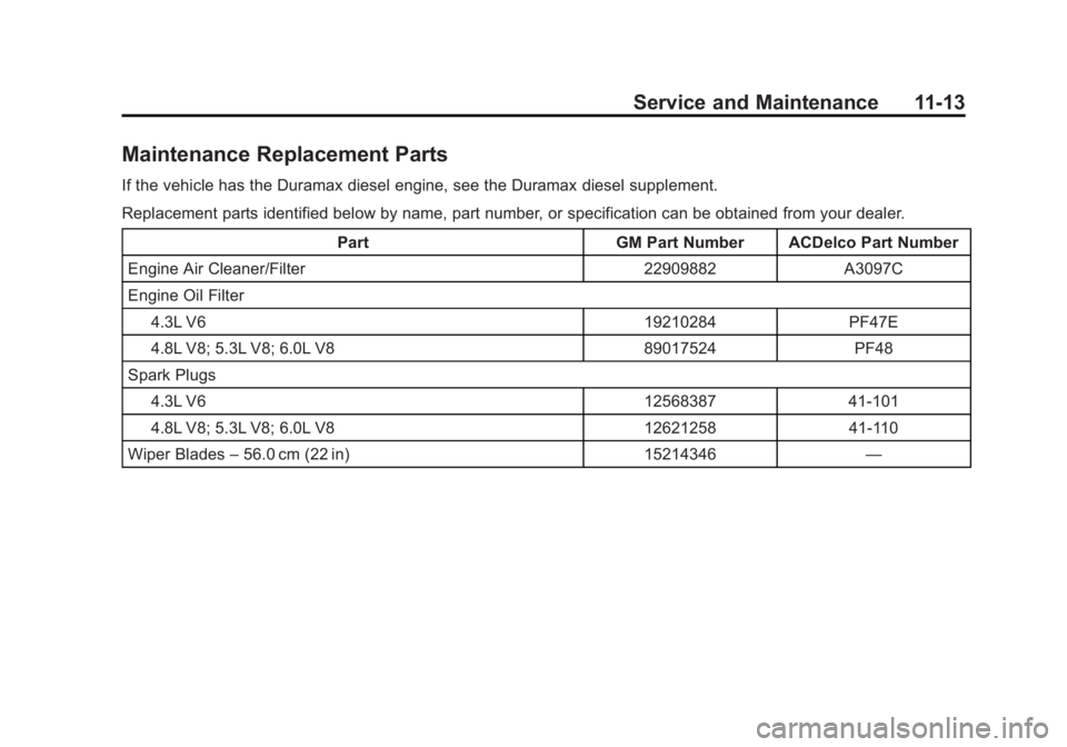 GMC SAVANA PASSENGER 2014 Owners Manual Black plate (13,1)GMC Savana Owner Manual (GMNA-Localizing-U.S./Canada-6014682) -
2014 - CRC 2nd Edition - 8/26/13
Service and Maintenance 11-13
Maintenance Replacement Parts
If the vehicle has the Du GMC SAVANA PASSENGER 2014 Owners Manual Black plate (13,1)GMC Savana Owner Manual (GMNA-Localizing-U.S./Canada-6014682) -
2014 - CRC 2nd Edition - 8/26/13
Service and Maintenance 11-13
Maintenance Replacement Parts
If the vehicle has the Du