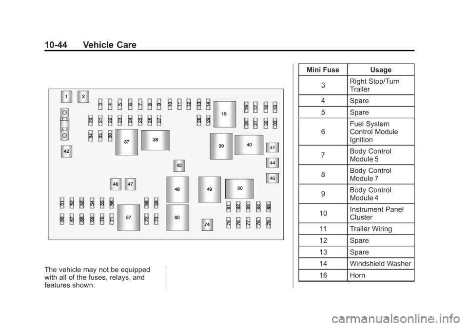 GMC SAVANA PASSENGER 2012 Owners Manual Black plate (44,1)GMC Savana Owner Manual - 2012 - 2nd - 11/11/11
10-44 Vehicle Care
The vehicle may not be equipped
with all of the fuses, relays, and
features shown.Mini Fuse Usage
3 Right Stop/Turn GMC SAVANA PASSENGER 2012 Owners Manual Black plate (44,1)GMC Savana Owner Manual - 2012 - 2nd - 11/11/11
10-44 Vehicle Care
The vehicle may not be equipped
with all of the fuses, relays, and
features shown.Mini Fuse Usage
3 Right Stop/Turn