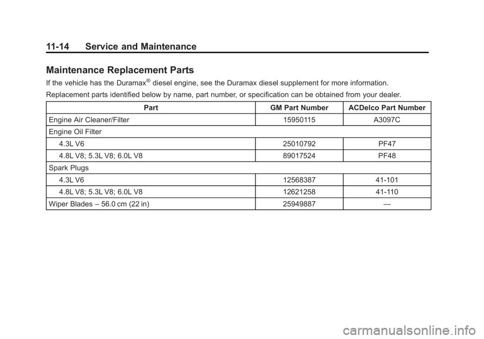 GMC SAVANA PASSENGER 2012  Owners Manual Black plate (14,1)GMC Savana Owner Manual - 2012 - 2nd - 11/11/11
11-14 Service and Maintenance
Maintenance Replacement Parts
If the vehicle has the Duramax®diesel engine, see the Duramax diesel supp