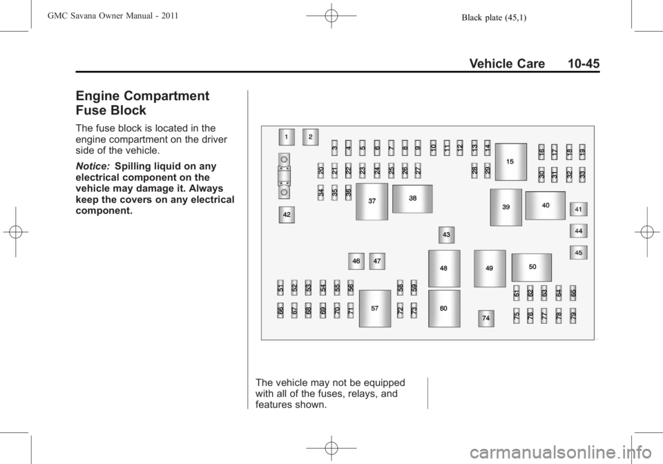 GMC SAVANA PASSENGER 2011 Owners Manual Black plate (45,1)GMC Savana Owner Manual - 2011
Vehicle Care 10-45
Engine Compartment
Fuse Block
The fuse block is located in the
engine compartment on the driver
side of the vehicle.
Notice:Spilling GMC SAVANA PASSENGER 2011 Owners Manual Black plate (45,1)GMC Savana Owner Manual - 2011
Vehicle Care 10-45
Engine Compartment
Fuse Block
The fuse block is located in the
engine compartment on the driver
side of the vehicle.
Notice:Spilling