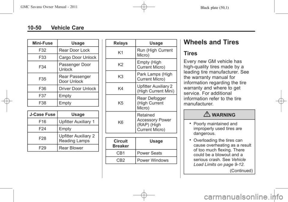 GMC SAVANA PASSENGER 2011 Owners Manual Black plate (50,1)GMC Savana Owner Manual - 2011
10-50 Vehicle Care
Mini‐Fuse UsageF32 Rear Door Lock
F33 Cargo Door Unlock
F34 Passenger Door
Unlock
F35 Rear Passenger
Door Unlock
F36 Driver Door U