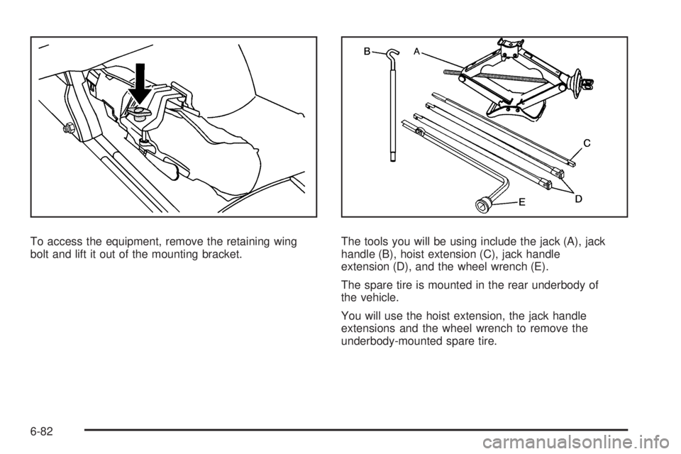 GMC SAVANA PASSENGER 2010  Owners Manual To access the equipment, remove the retaining wing
bolt and lift it out of the mounting bracket.The tools you will be using include the jack (A), jack
handle (B), hoist extension (C), jack handle
exte