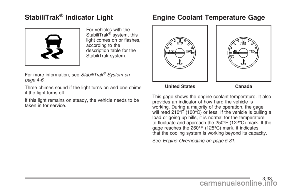 GMC SAVANA PASSENGER 2009 Owners Manual StabiliTrak®Indicator Light
For vehicles with the
StabiliTrak®system, this
light comes on or flashes,
according to the
description table for the
StabiliTrak system.
For more information, seeStabili GMC SAVANA PASSENGER 2009 Owners Manual StabiliTrak®Indicator Light
For vehicles with the
StabiliTrak®system, this
light comes on or flashes,
according to the
description table for the
StabiliTrak system.
For more information, seeStabili
