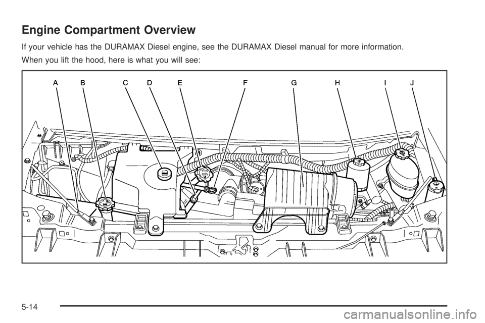 GMC SAVANA PASSENGER 2009 Owners Manual Engine Compartment Overview
If your vehicle has the DURAMAX Diesel engine, see the DURAMAX Diesel manual for more information.
When you lift the hood, here is what you will see:
5-14 GMC SAVANA PASSENGER 2009 Owners Manual Engine Compartment Overview
If your vehicle has the DURAMAX Diesel engine, see the DURAMAX Diesel manual for more information.
When you lift the hood, here is what you will see:
5-14