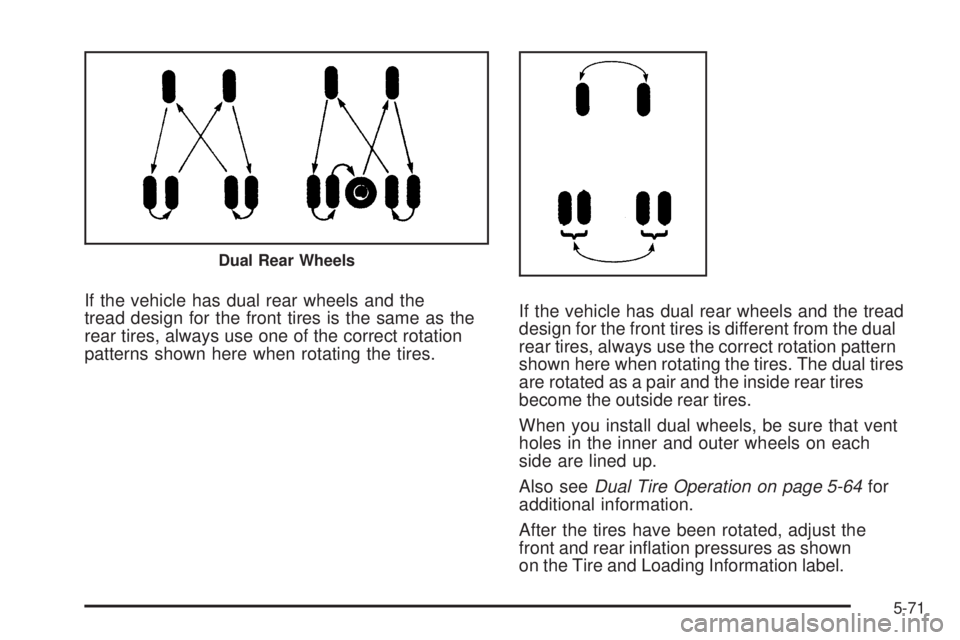 GMC SAVANA PASSENGER 2009 Owners Manual If the vehicle has dual rear wheels and the
tread design for the front tires is the same as the
rear tires, always use one of the correct rotation
patterns shown here when rotating the tires.If the ve GMC SAVANA PASSENGER 2009 Owners Manual If the vehicle has dual rear wheels and the
tread design for the front tires is the same as the
rear tires, always use one of the correct rotation
patterns shown here when rotating the tires.If the ve
