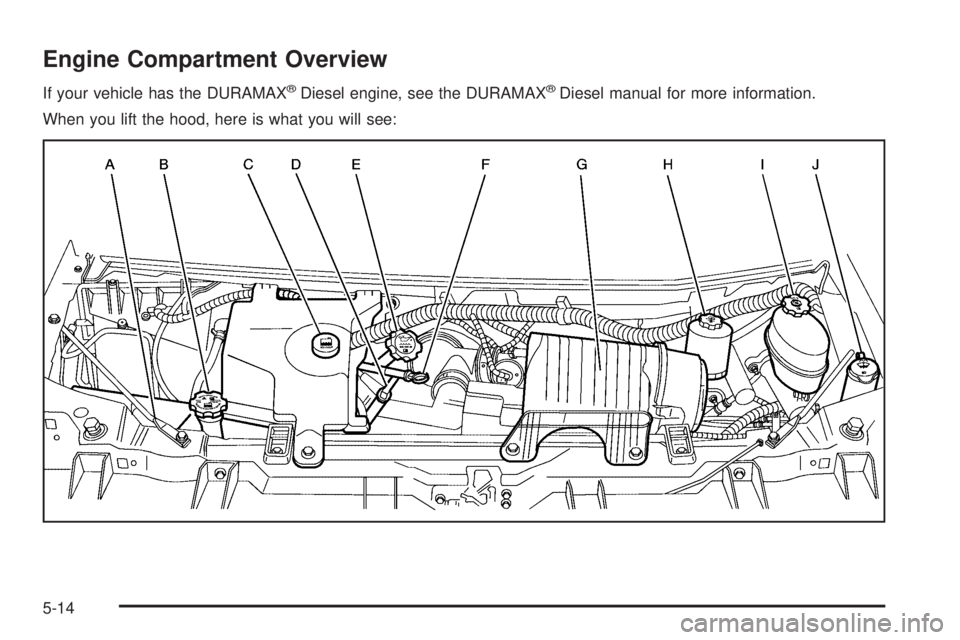 GMC SAVANA PASSENGER 2008  Owners Manual Engine Compartment Overview
If your vehicle has the DURAMAX®Diesel engine, see the DURAMAX®Diesel manual for more information.
When you lift the hood, here is what you will see:
5-14 