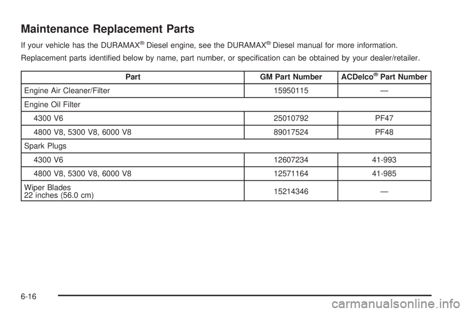 GMC SAVANA PASSENGER 2008  Owners Manual Maintenance Replacement Parts
If your vehicle has the DURAMAX®Diesel engine, see the DURAMAX®Diesel manual for more information.
Replacement parts identiﬁed below by name, part number, or speciﬁ