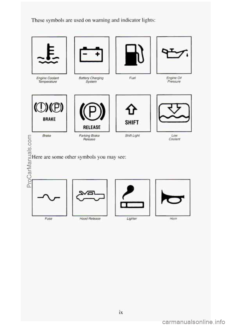 GMC SIERRA 1994 User Guide These symbols are used on warning and indicator lights:
Engine Coolant
Temperature Battery Charging
System
I I RELEASE I
Brake Parking Brake
Release
0
SHIFT
Shift Light
Here are some oth GMC SIERRA 1994 User Guide These symbols are used on warning and indicator lights:
Engine Coolant
Temperature Battery Charging
System
I I RELEASE I
Brake Parking Brake
Release
0
SHIFT
Shift Light
Here are some oth