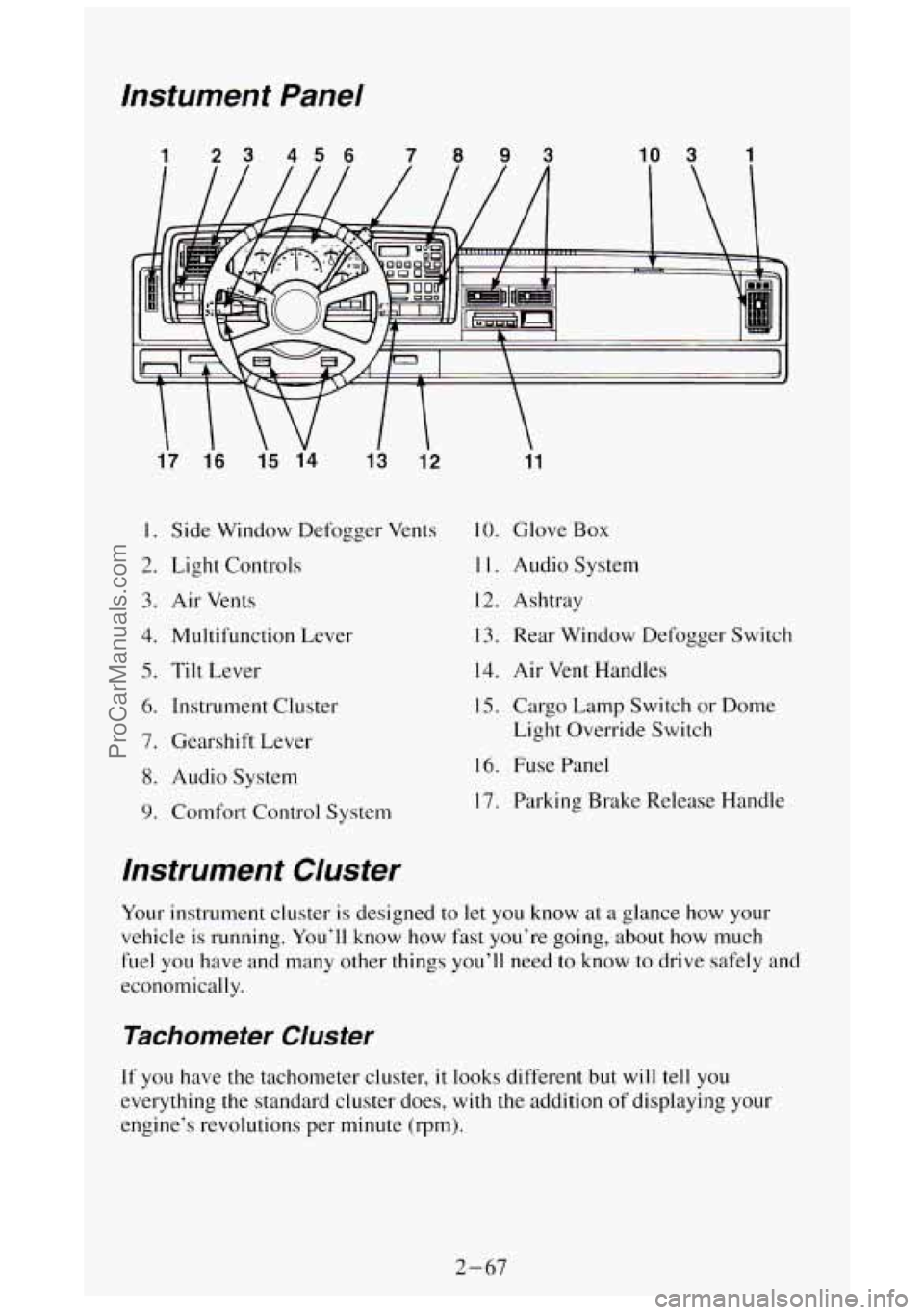 GMC SIERRA 1994  Owners Manual lnstument Panel 
1 23 456 7093 10 3 1 
17  1.6 
15 14 
13 12 
I. Side Window  Defogger  Vents 
2. Light Controls 
3. Air Vents 
4. Multifunction  Lever 
5. Tilt Lever 
6. Instrument Cluster 
7. Gearsh