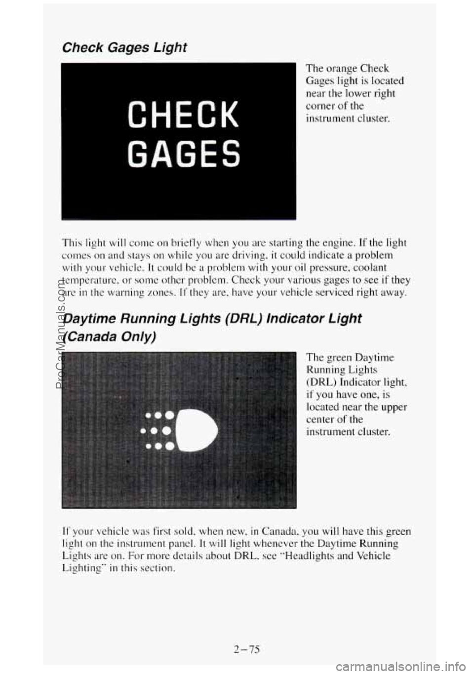 GMC SIERRA 1994  Owners Manual Check Gages Light 
The  orange Check 
Gages  light is located 
near  the lower right 
corner 
of the 
instrument cluster. 
This  light 
will come on briefly  when  you  are starting  the engine. If th