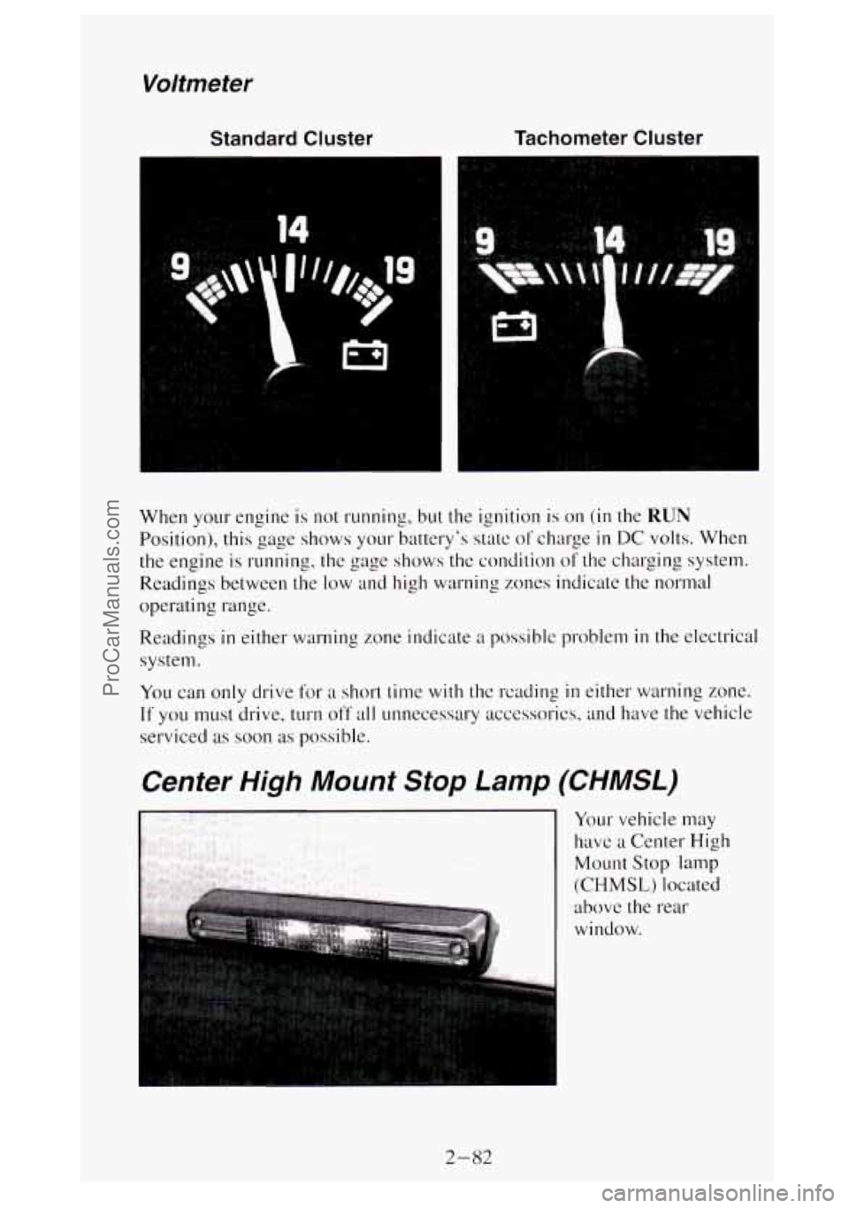 GMC SIERRA 1994  Owners Manual Voltmeter 
Standard  Cluster Tachometer  Cluster 
14 
Center 
High  Mount  Stop Lamp  (CHMSL) 
- Your vehicle  may 
have a Center High 
Mount  Stop 
lamp 
(CHMSL)  located 
above  the 
rear 
window. 
