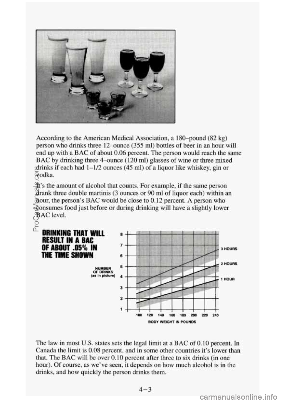 GMC SIERRA 1994 Owners Manual According to the American Medical Association, a 180-pound (82 kg)
person who drinks three 12-ounce
(355 ml) bottles of beer in an hour will
end up with a BAC of about
0.06 percent. The pers GMC SIERRA 1994 Owners Manual According to the American Medical Association, a 180-pound (82 kg)
person who drinks three 12-ounce
(355 ml) bottles of beer in an hour will
end up with a BAC of about
0.06 percent. The pers