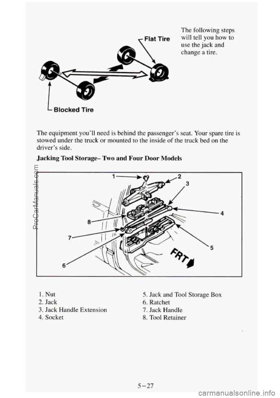 GMC SIERRA 1994  Owners Manual use the jack  and 
change  a  tire. 
L Blocked  Tire 
1 ne equipment  you’ll  need is behind  the passenger’s  seat. Your  spare  tire is 
stowed  under the truck  or mounted to the  inside of the