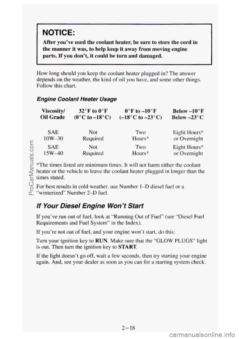 GMC SIERRA 1994 Manual PDF NOTICE: 
After  you’ve  used  the  coolant  heater,  be  sure to store  the  cord  in 
the  manner  it  was,  to help  keep  it away  from  moving  engine 
parts. 
If you  don’t,  it  could  be  t