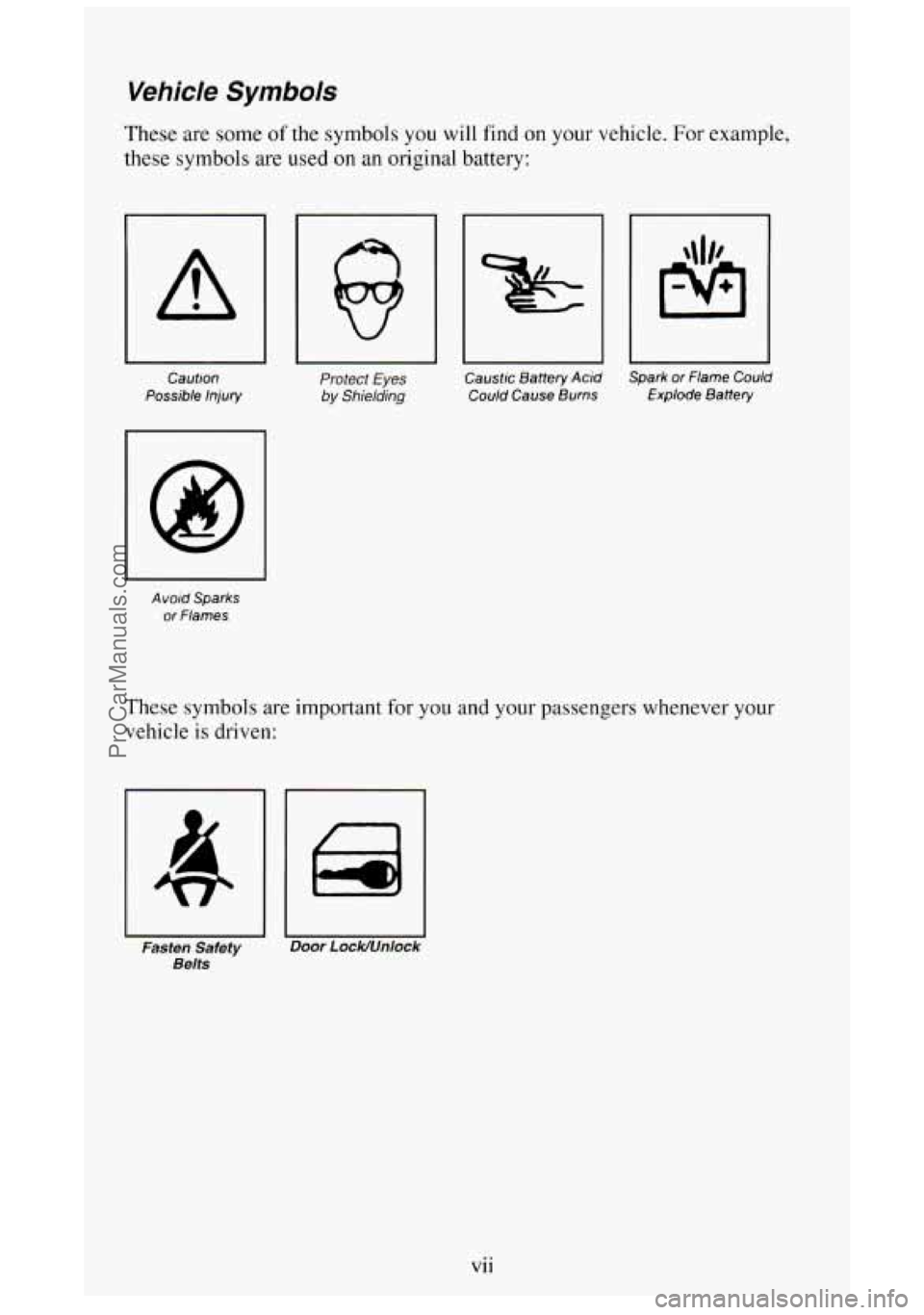 GMC SIERRA 1994 Owners Manual Vehicle Symbols
These are some of the symbols you will find on your vehicle. For example,
these symbols are used on an original battery:
A
I
Caution
Possible Injury
I
Avoid Spark GMC SIERRA 1994 Owners Manual Vehicle Symbols
These are some of the symbols you will find on your vehicle. For example,
these symbols are used on an original battery:
A
I
Caution
Possible Injury
I
Avoid Spark