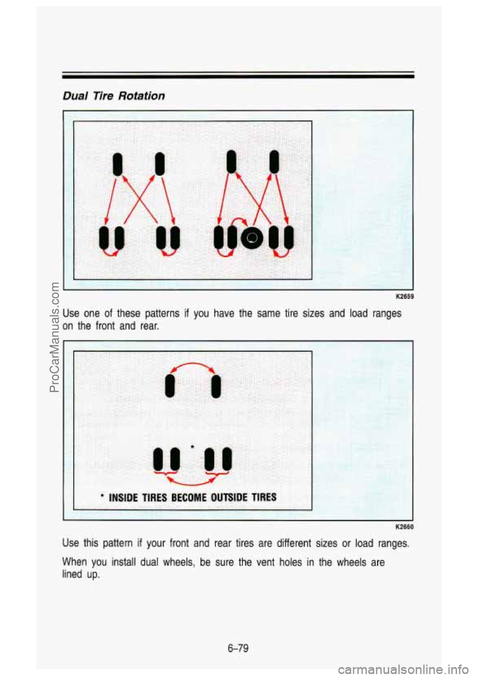 GMC SIERRA 1993  Owners Manual Dual Tire Rotation 
K2659 
Use  one  of  these  patterns if you have  the  same tire sizes  and  load ranges 
on  the  front  and  rear. 
K2660 
1 
Use  this pattern if your  front  and  rear  tires  