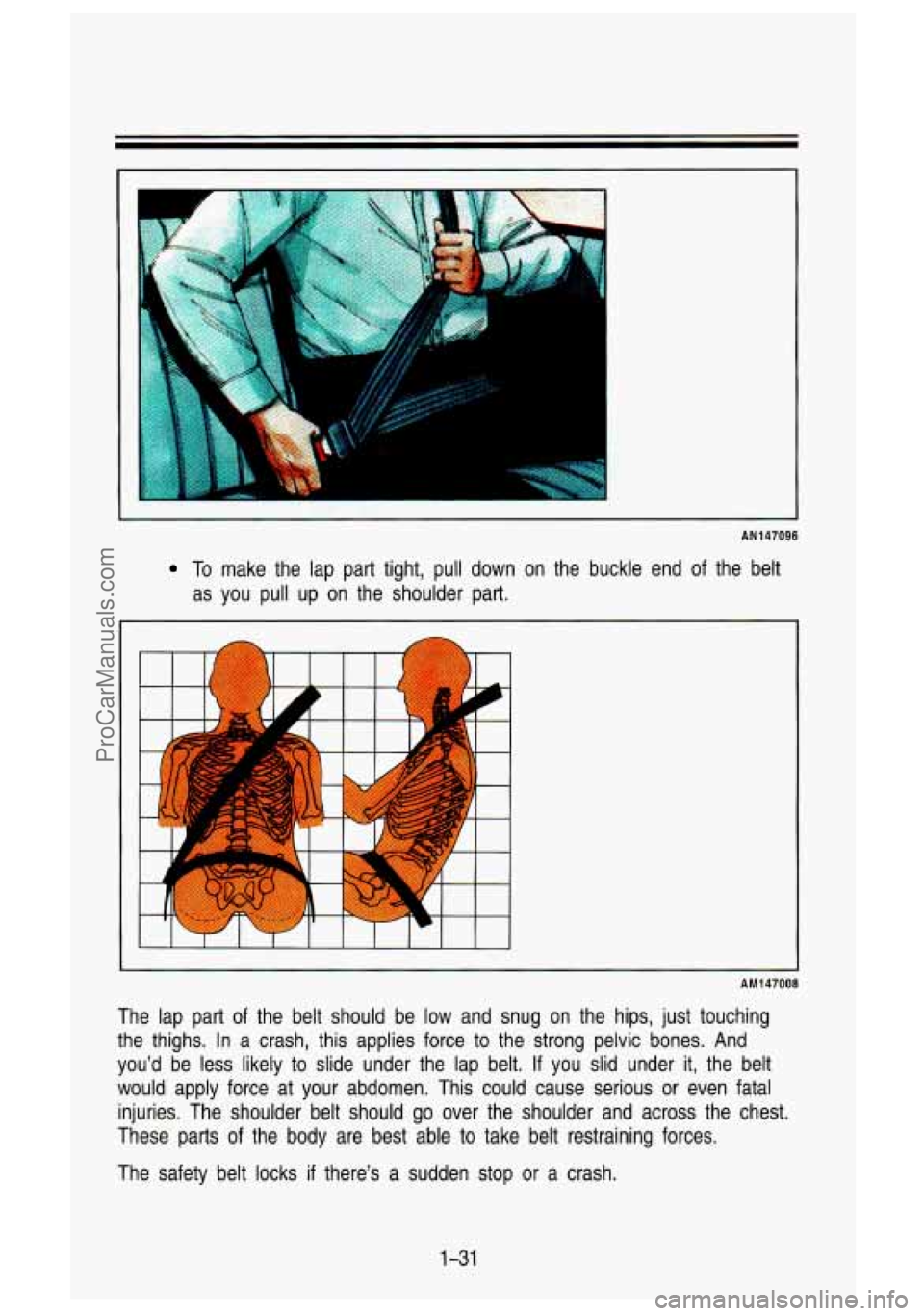 GMC SIERRA 1993 Service Manual A 
AN147096 
To make  the lap part  tight,  pull  down on the  buckle  end of the  belt 
as  you  pull  up  on  the  shoulder  part. 
3 
AM147008 
The  lap  part  of the  belt  should  be  low  and  s