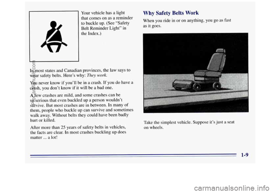 GMC SIERRA 1996 User Guide i
Your vehicle has a light
that comes on as a reminder
to buckle up. (See “Safety
Belt Reminder Light” in
the Index.)
In most states and Canadian provinces, the law says
to
w GMC SIERRA 1996 User Guide i
Your vehicle has a light
that comes on as a reminder
to buckle up. (See “Safety
Belt Reminder Light” in
the Index.)
In most states and Canadian provinces, the law says
to
w