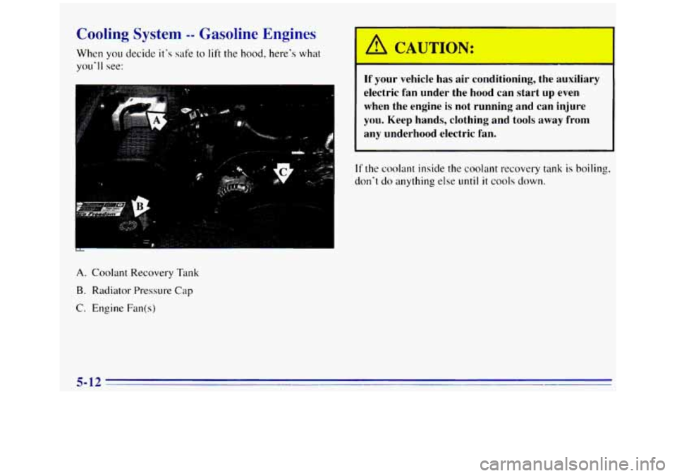 GMC SIERRA 1996 Owners Manual Cooling System -- Gasoline Engines
When you decide its safe to lift the hood, heres what
youll see:
A. Coolant Recovery Tdnk
B. Radiator Pressure Cap
C. Engine Fan(s)
A CAUTION:
If you GMC SIERRA 1996 Owners Manual Cooling System -- Gasoline Engines
When you decide its safe to lift the hood, heres what
youll see:
A. Coolant Recovery Tdnk
B. Radiator Pressure Cap
C. Engine Fan(s)
A CAUTION:
If you