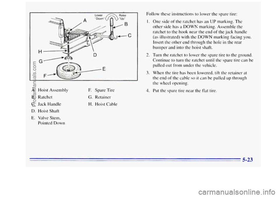 GMC SIERRA 1996 Owners Manual Follow these instructions to lower the spare tire:
1.
2.
3.
A. Hoist Assembly
B. Ratchet
C. Jack Handle
D. Hoist Shaft
E. Valve Stem,
Pointed Down
E Spare Tire
Ci. Retainer
H. Hoist GMC SIERRA 1996 Owners Manual Follow these instructions to lower the spare tire:
1.
2.
3.
A. Hoist Assembly
B. Ratchet
C. Jack Handle
D. Hoist Shaft
E. Valve Stem,
Pointed Down
E Spare Tire
Ci. Retainer
H. Hoist