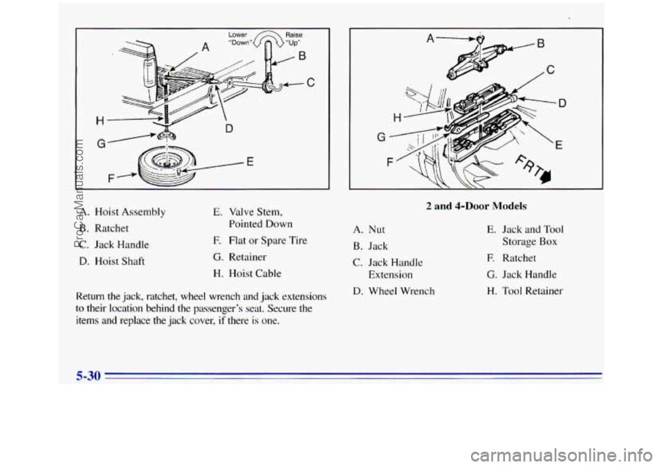 GMC SIERRA 1996 Owners Manual Lower Raise
~~
H U
A. Hoist Assembly
B. Ratchet
C. Jack Handle
D. Hoist Shaft
E. Valve Stern,
Pointed Down
E Flat or Spare Tire
G. Retainer
H. Hoist Cable
Return the jack, ratchet, w GMC SIERRA 1996 Owners Manual Lower Raise
~~
H U
A. Hoist Assembly
B. Ratchet
C. Jack Handle
D. Hoist Shaft
E. Valve Stern,
Pointed Down
E Flat or Spare Tire
G. Retainer
H. Hoist Cable
Return the jack, ratchet, w