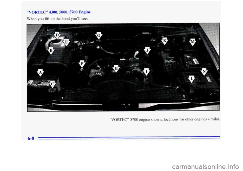 GMC SIERRA 1996 Owners Manual “VORTEC” 4300,5000,5700 Engine
When you lift up the hood you’ll see:
“VORTEC” 5700 engine shown, locations for other engines similar.
ProCarManuals.com GMC SIERRA 1996 Owners Manual “VORTEC” 4300,5000,5700 Engine
When you lift up the hood you’ll see:
“VORTEC” 5700 engine shown, locations for other engines similar.
ProCarManuals.com