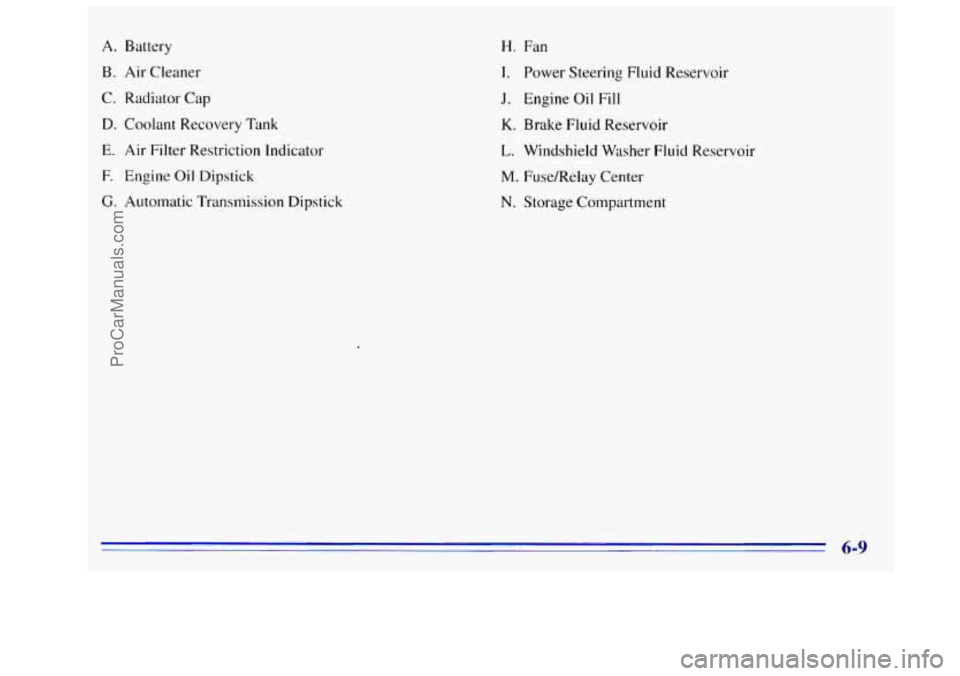 GMC SIERRA 1996 Owners Manual A. Battery
B. Air Cleaner
C. Radiator Cap
D. Coolant Recovery Tmk
E. Air Filter Restriction Indicator
E Engine Oil Dipstick
G. Automatic Transmission Dipstick
H. Fan
I. Power Steering Flu GMC SIERRA 1996 Owners Manual A. Battery
B. Air Cleaner
C. Radiator Cap
D. Coolant Recovery Tmk
E. Air Filter Restriction Indicator
E Engine Oil Dipstick
G. Automatic Transmission Dipstick
H. Fan
I. Power Steering Flu