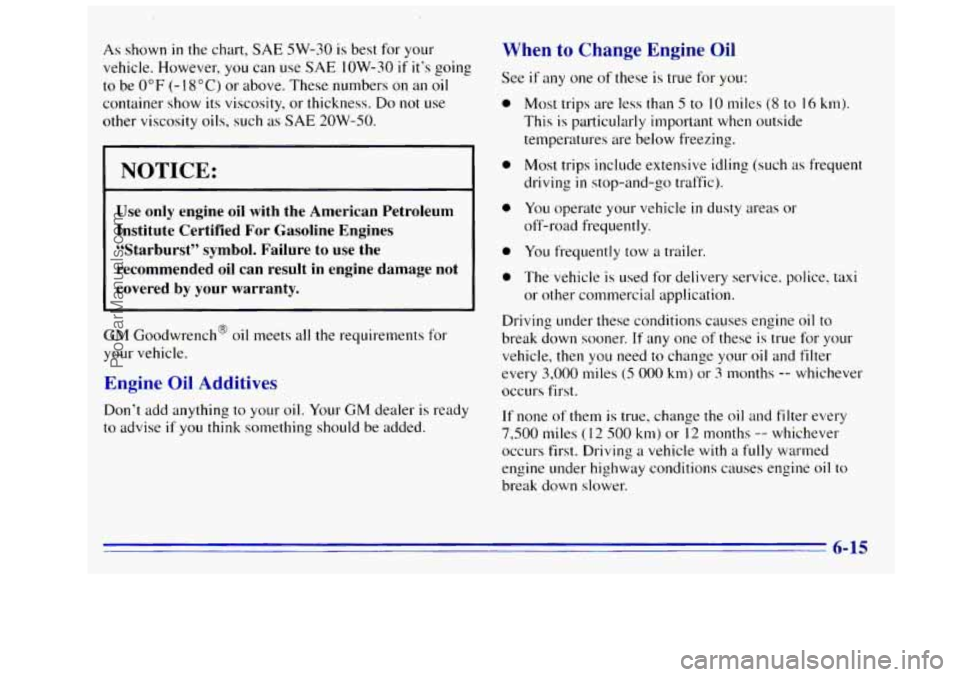 GMC SIERRA 1996 Owners Manual As shown in the chart, SAE 5W-30 is best for your
vehicle. However,
you can use SAE low-30 if it’s going
to be
0°F (-1 8°C) or above. These numbers on an oil
container show its viscosit GMC SIERRA 1996 Owners Manual As shown in the chart, SAE 5W-30 is best for your
vehicle. However,
you can use SAE low-30 if it’s going
to be
0°F (-1 8°C) or above. These numbers on an oil
container show its viscosit