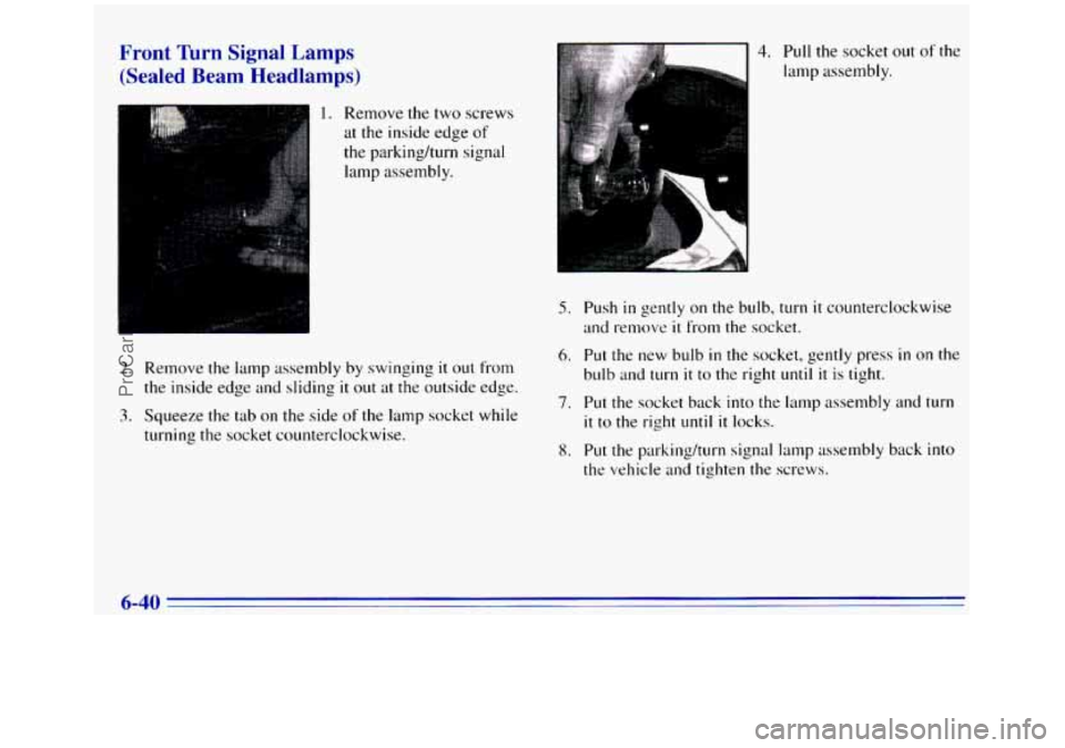 GMC SIERRA 1996 Owners Manual Front Turn Signal Lamps (Sealed Beam Headlamps)
1. Remove the two screws
at the inside edge
of
the parkinghrn signal
lamp assembly.
2. Remove the lamp assembly by swinging it out from
t GMC SIERRA 1996 Owners Manual Front Turn Signal Lamps (Sealed Beam Headlamps)
1. Remove the two screws
at the inside edge
of
the parkinghrn signal
lamp assembly.
2. Remove the lamp assembly by swinging it out from
t