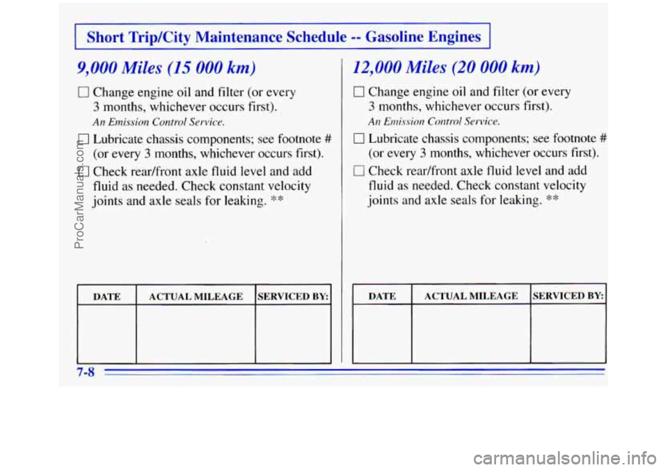 GMC SIERRA 1996 Owners Manual I Short TripKity Maintenance Schedule -- Gasoline Engines I
9,000 Miles (15 000 km)
0 Change engine oil and filter (or every
3 months, whichever occurs first).
AII Ermksiorz Control Service GMC SIERRA 1996 Owners Manual I Short TripKity Maintenance Schedule -- Gasoline Engines I
9,000 Miles (15 000 km)
0 Change engine oil and filter (or every
3 months, whichever occurs first).
AII Ermksiorz Control Service