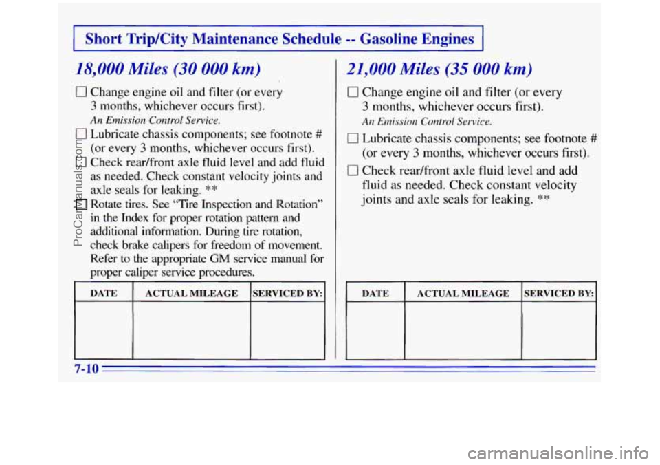 GMC SIERRA 1996 Owners Manual I Short TripKity Maintenance Schedule -- Gasoline Engines I
18,000 Miles (30 000 km)
0 Change engine oil and filter (or every
3 months, whichever occurs first).
An Emission Cuntrul Ser GMC SIERRA 1996 Owners Manual I Short TripKity Maintenance Schedule -- Gasoline Engines I
18,000 Miles (30 000 km)
0 Change engine oil and filter (or every
3 months, whichever occurs first).
An Emission Cuntrul Ser