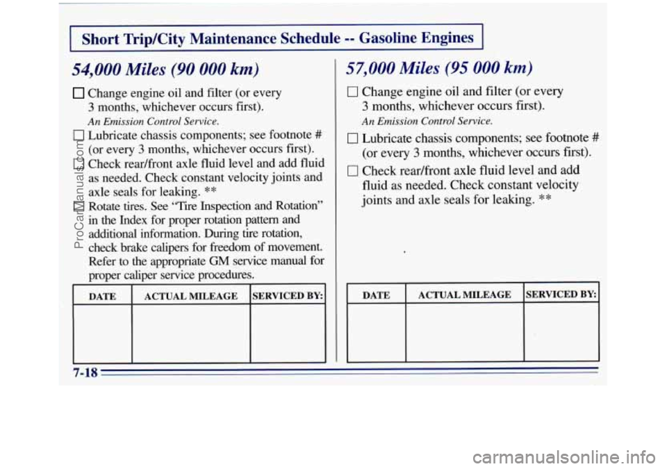 GMC SIERRA 1996 Owners Manual Short Trip/City Maintenance Schedule -- Gasoline Engines
54,000 Miles (90 000 km)
Change engine oil and filter (or every
3 months, whichever occurs first).
An Emission Control Service.
GMC SIERRA 1996 Owners Manual Short Trip/City Maintenance Schedule -- Gasoline Engines
54,000 Miles (90 000 km)
Change engine oil and filter (or every
3 months, whichever occurs first).
An Emission Control Service.