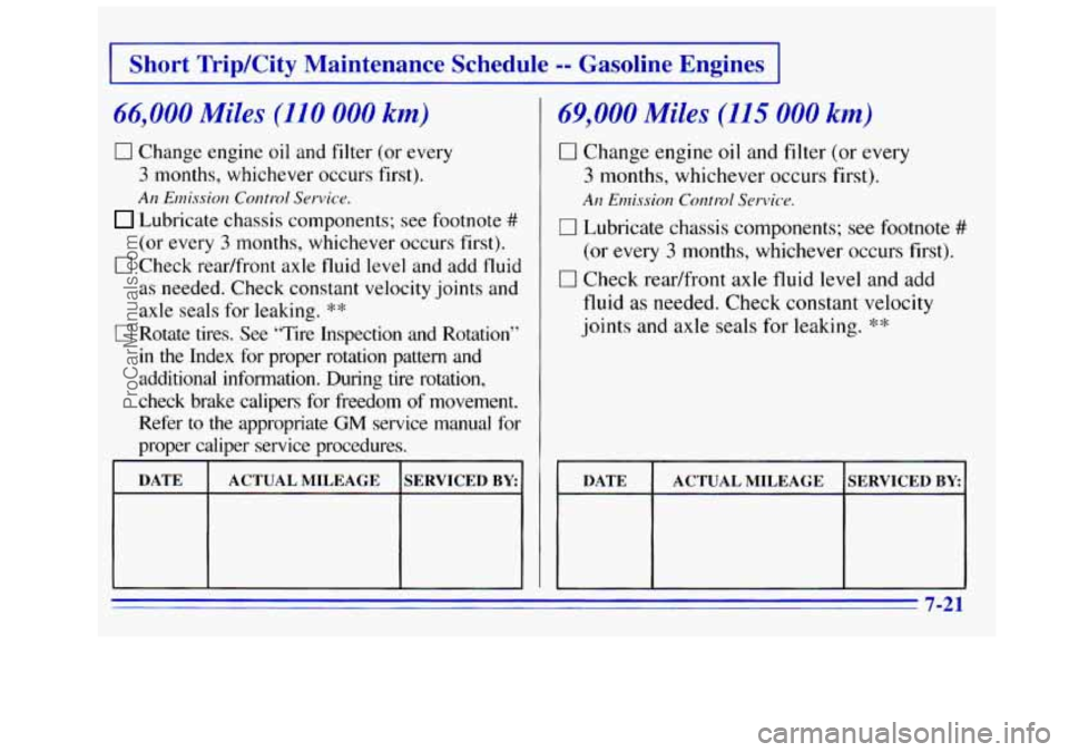 GMC SIERRA 1996 Owners Manual 1 Short TripKity Maintenance Schedule -- Gasoline Engines I
66,000 Miles (110 000 km)
0 Change engine oil and filter (or every
3 months, whichever occurs first).
AI? Emission Control Ser GMC SIERRA 1996 Owners Manual 1 Short TripKity Maintenance Schedule -- Gasoline Engines I
66,000 Miles (110 000 km)
0 Change engine oil and filter (or every
3 months, whichever occurs first).
AI? Emission Control Ser