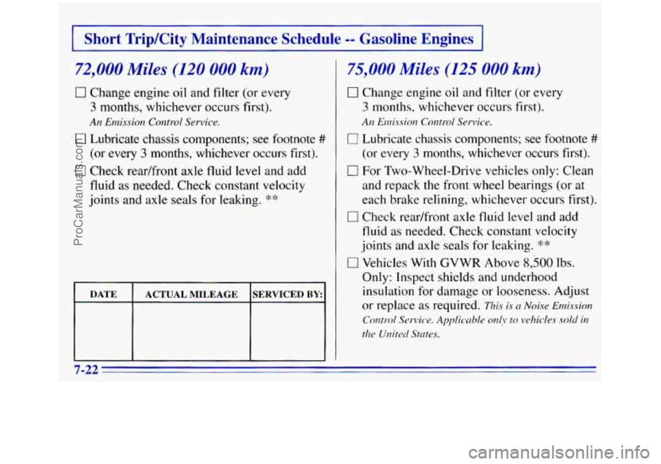 GMC SIERRA 1996 Owners Manual I Short Trip/City Maintenance Schedule -- Gasoline Engines I
72,000 Miles (120 000 km)
0 Change engine oil and filter (or every
3 months, whichever occurs first).
An Emission Control Service. GMC SIERRA 1996 Owners Manual I Short Trip/City Maintenance Schedule -- Gasoline Engines I
72,000 Miles (120 000 km)
0 Change engine oil and filter (or every
3 months, whichever occurs first).
An Emission Control Service.
