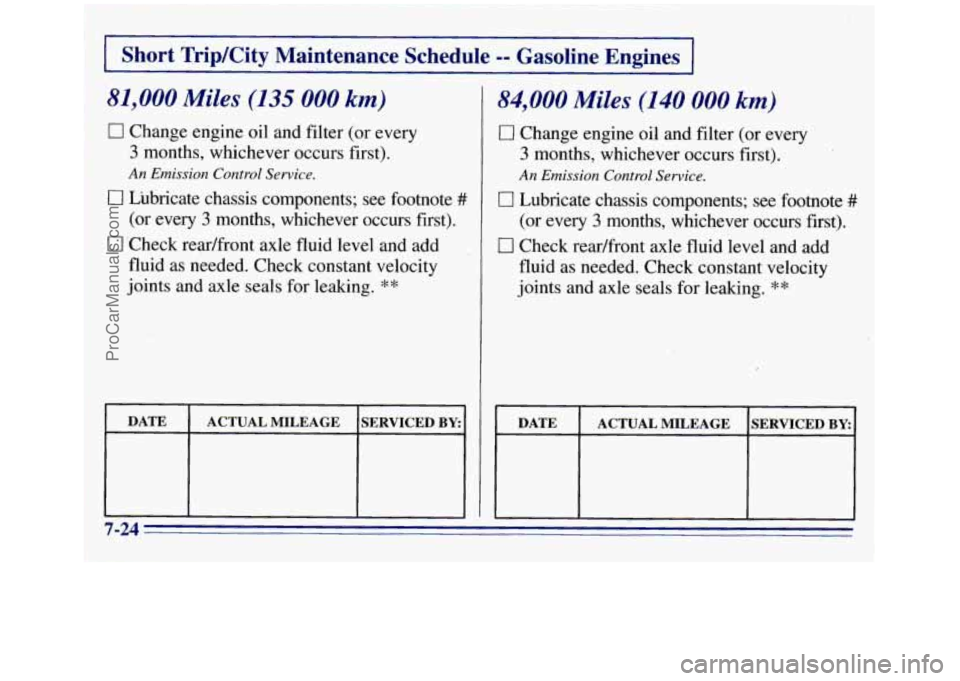 GMC SIERRA 1996  Owners Manual bhort TripKity  Maintenance  Schedule -- Gasoline  Engines I 
81,000 Miles (135 000 km) 
c] Change engine oil tind  filter  (or every 
3 months, whichever occurs first). 
An Emission Control Service. 