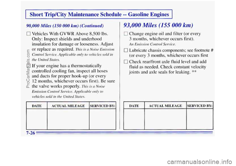 GMC SIERRA 1996 Owners Manual I Short Trip/City Maintenance Schedule -- Gasoline Engines I
90,000 Miles (150 000 km) (Continued)
0 Vehicles With GVWR Above 8,500 lbs.
Only: Inspect shields and underhood
insulation for dam GMC SIERRA 1996 Owners Manual I Short Trip/City Maintenance Schedule -- Gasoline Engines I
90,000 Miles (150 000 km) (Continued)
0 Vehicles With GVWR Above 8,500 lbs.
Only: Inspect shields and underhood
insulation for dam