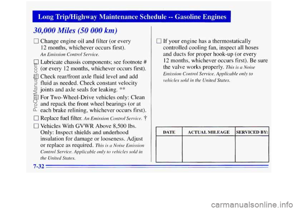 GMC SIERRA 1996 Owners Manual Long Trip/Highway Maintenance Schedblt: -- Gasoline Enginee
30,000 Miles (50 000 km)
0 Change engine oil and filter (or every
12 months, whichever occurs first).
An Emission Corztrol Service.
GMC SIERRA 1996 Owners Manual Long Trip/Highway Maintenance Schedblt: -- Gasoline Enginee
30,000 Miles (50 000 km)
0 Change engine oil and filter (or every
12 months, whichever occurs first).
An Emission Corztrol Service.