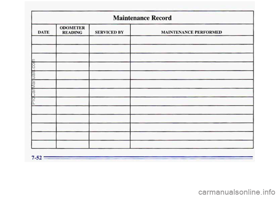 GMC SIERRA 1996 Owners Manual Maintenance Record
ODOMETER
DATE MAINTENANCE PERFORMED SERVICED BY READING
7-52
ProCarManuals.com GMC SIERRA 1996 Owners Manual Maintenance Record
ODOMETER
DATE MAINTENANCE PERFORMED SERVICED BY READING
7-52
ProCarManuals.com