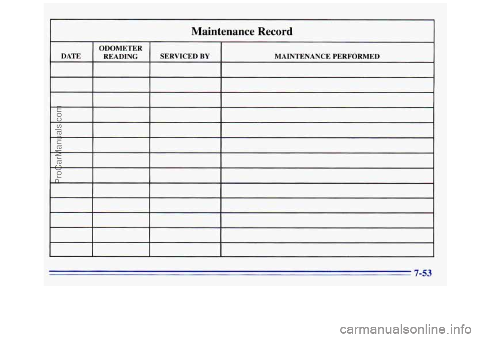 GMC SIERRA 1996 Owners Manual Maintenance Record
ODOMETER
DATE READING SERVICED
BY MAINTENANCE PERFORMED
ProCarManuals.com GMC SIERRA 1996 Owners Manual Maintenance Record
ODOMETER
DATE READING SERVICED
BY MAINTENANCE PERFORMED
ProCarManuals.com